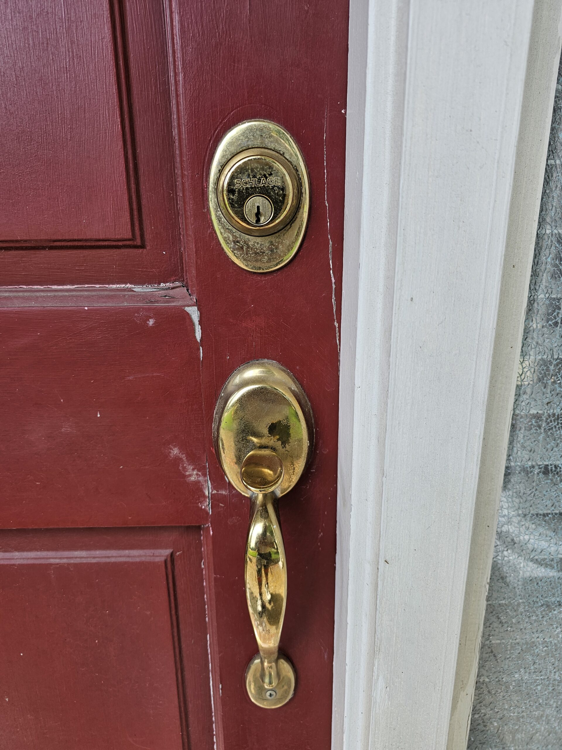 Close-up of deadbolt and handleset front door
